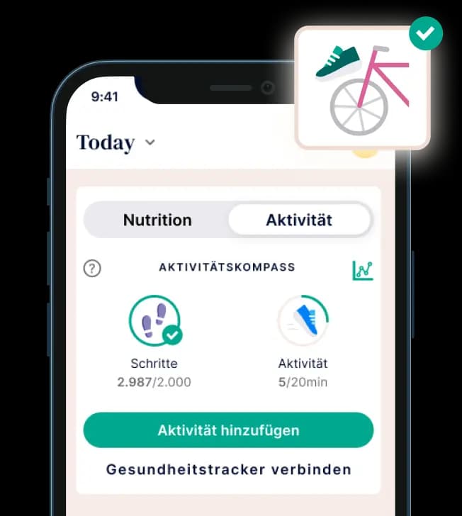 Die Aktivitätskompass-Funktion der Oviva App auf einem Smartphone, die tägliche Schritte und Aktivitätsminuten anzeigt.